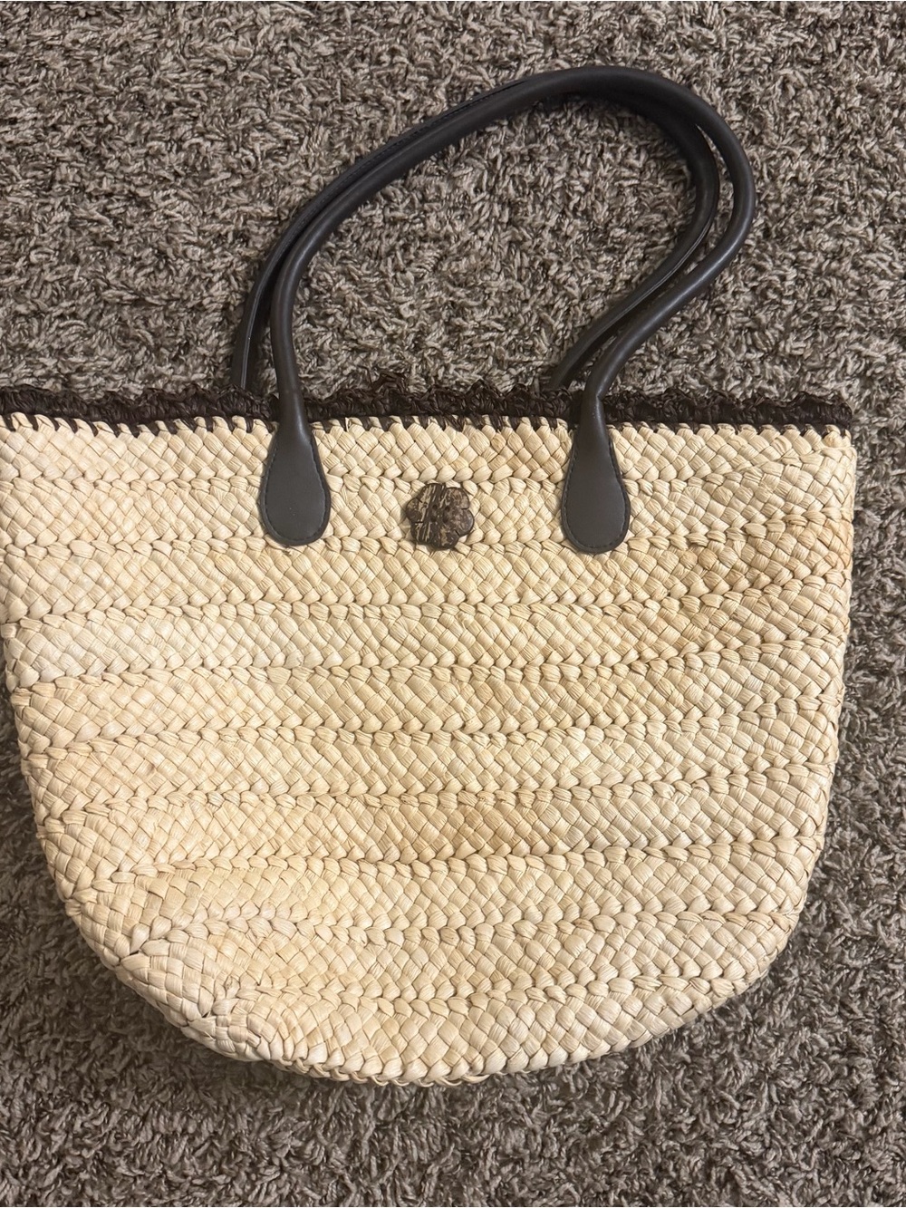 Vintage Straw Woven Tote with Dark Brown Handles